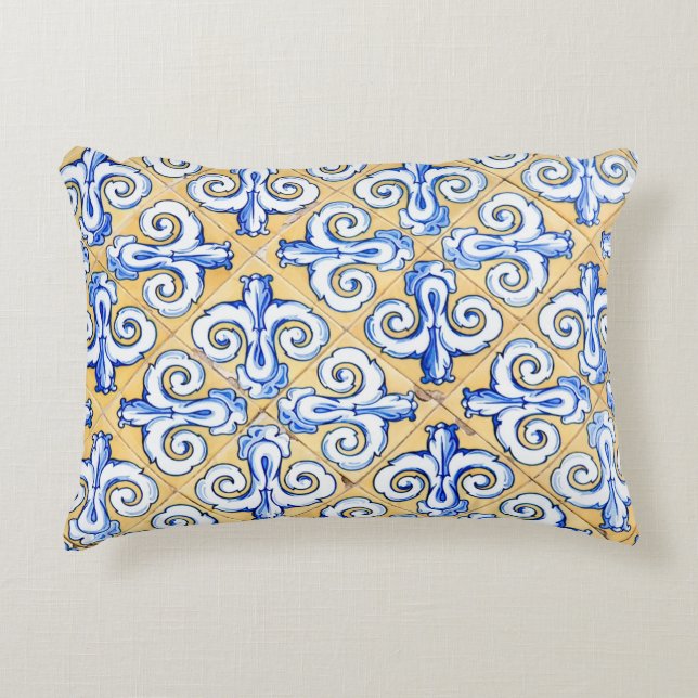 Spaanse tegels - Azulejo Blue, Yellow and White Accent Kussen (Voorkant)