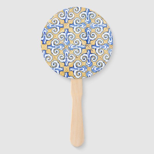 Spaanse tegels - Azulejo Blue, Yellow and White Handwaaier (Achterkant)