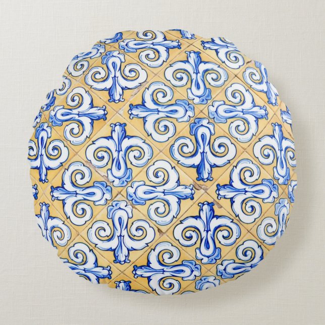 Spaanse tegels - Azulejo Blue, Yellow and White Rond Kussen (Voorkant)