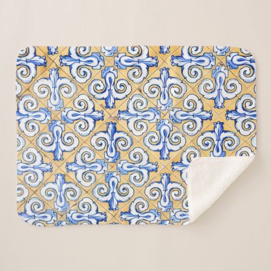 Spaanse tegels - Azulejo Blue, Yellow and White Sherpa Deken (Voorkant (horizontaal))