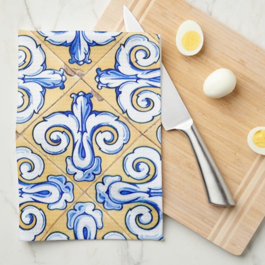 Spaanse tegels - Azulejo Blue, Yellow and White Theedoek (Quarter Fold)