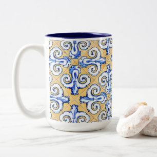 Spaanse tegels - Azulejo Blue, Yellow and White Tweekleurige Koffiemok