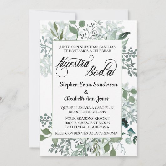Spaanse Trouw Groene Bladeren Nuestra Boda Kaart (Voorkant)