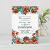 Spaanse Turquoise en Coral Floral Virtual Shower Kaart (Staand voorkant)
