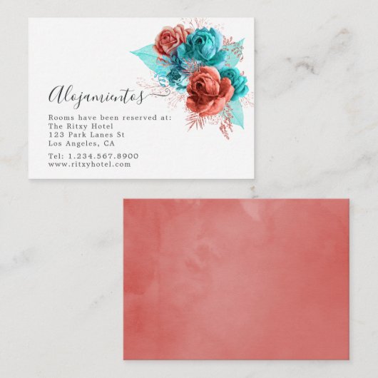 Spaanse Turquoise- en Coral Wedding-accommodaties Informatiekaartje (Voorkant / Achterkant)