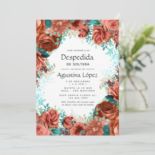 Spaanse turquoise en koraal bloemensingle bachelor kaart (Staand voorkant)