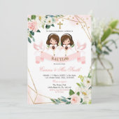 Spaanse Twin Pink Gold Floral Bautizo Uitnodiging (Staand voorkant)
