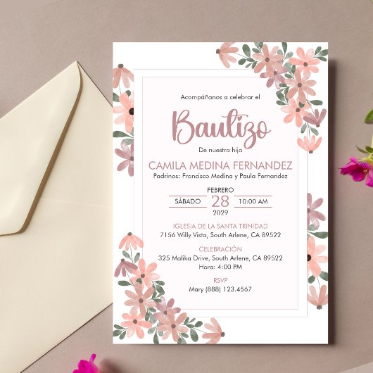 Spaanse uitnodiging Bautizo Boho Bloemen Doop