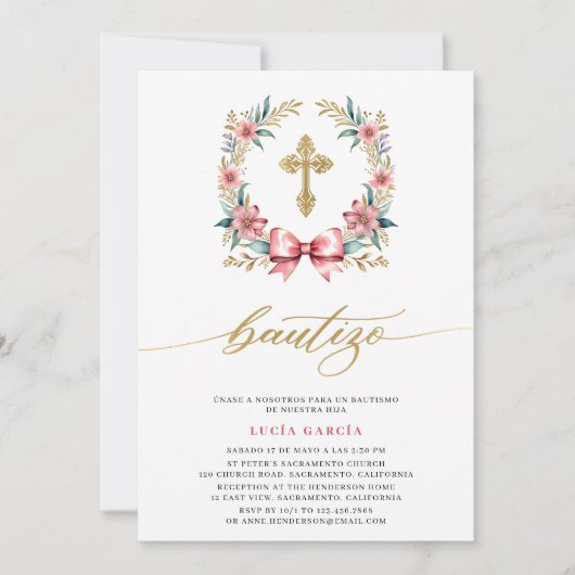 Spaanse uitnodiging De Bautizo Roze & Goud (Voorkant)
