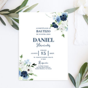 Spaanse uitnodiging voor Navy Blue Floral Baptism 