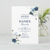 Spaanse uitnodiging voor Navy Blue Floral Baptism (Staand voorkant)
