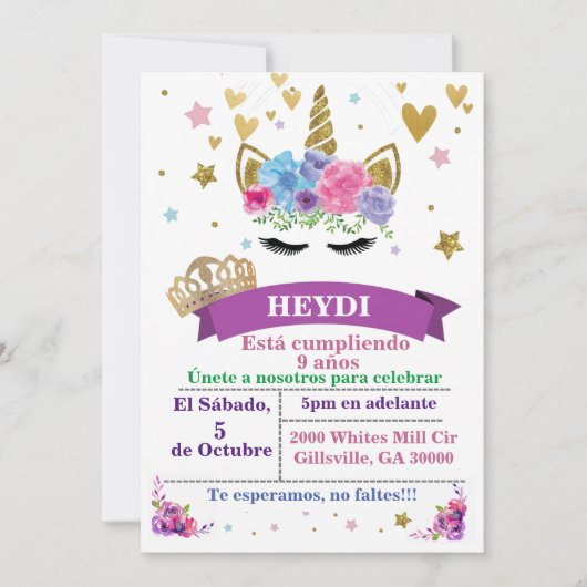 Spaanse Unicorn Birthday Uitnodiging (Voorkant)