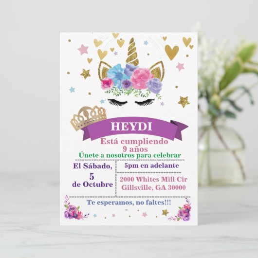 Spaanse Unicorn Birthday Uitnodiging (Staand voorkant)