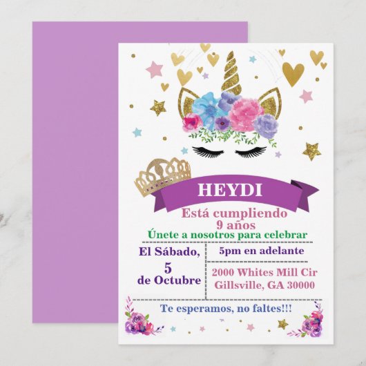 Spaanse Unicorn Birthday Uitnodiging (Voorkant / Achterkant)