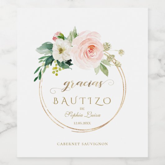 Spaanse unieke roze blos bloemengoud doopfeest wijn etiket (Enkel label)