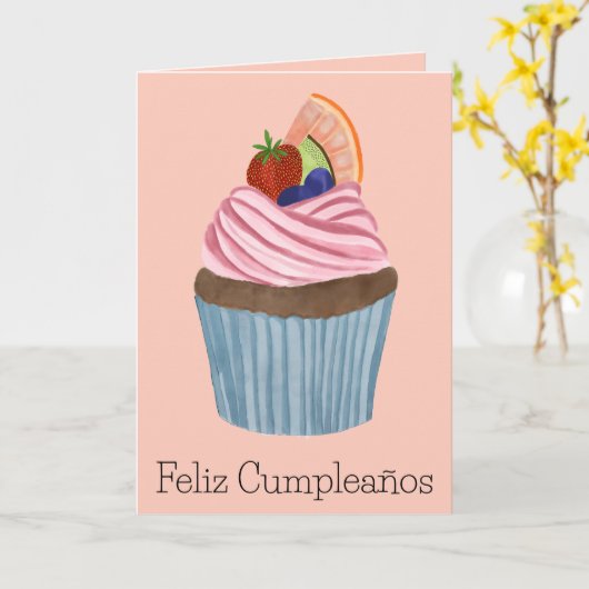 Spaanse verjaardag fruit cupcake kaart (Gele Bloem)