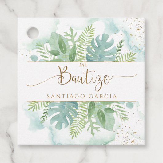Spaanse Waterverf, Bautizo Greenery en Blue Green Bedankjes Labels (Voorkant)