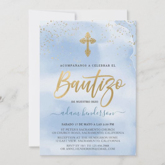 Spaanse Waterverf Invitacion de Bautizo Blue Kaart (Voorkant)