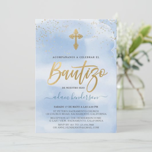 Spaanse Waterverf Invitacion de Bautizo Blue Kaart (Staand voorkant)