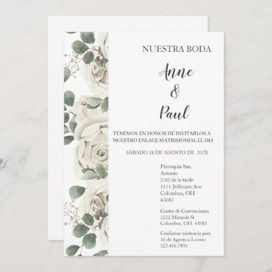 Spaanse witte bloem bruiloft uitnodiging (Voorkant / Achterkant)