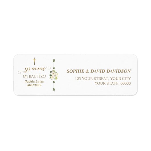Spaanse witte bloemen gracias kalligrafie bautizo etiket (Voorkant)