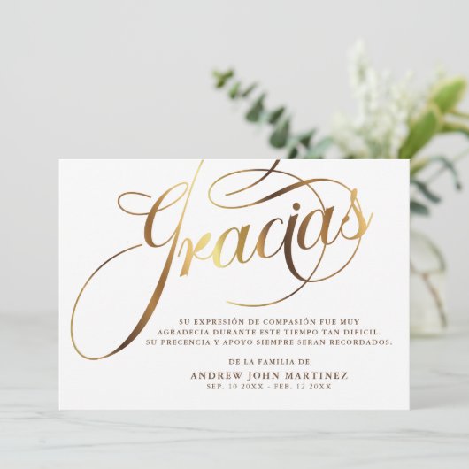 Spaanse witte & gouden kalligrafie begrafenis bedankkaart (Staand voorkant)