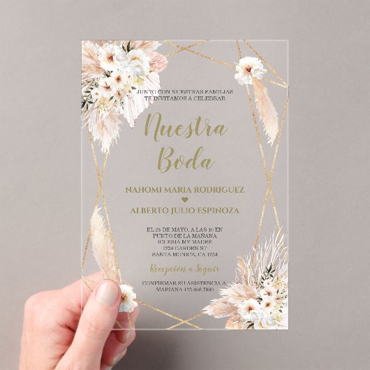 Spaanse Woestijn Witte Rozen Goud Nuestra Boda  Acryl Uitnodigingen (Insitu (Draagbaar))