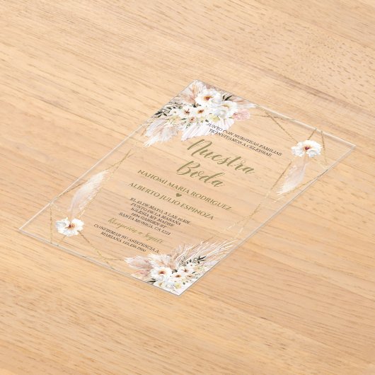 Spaanse Woestijn Witte Rozen Goud Nuestra Boda  Acryl Uitnodigingen (Laagn)