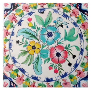 Spaanse zomerkleurrijke bloemrijke roze en blauwe tegeltje