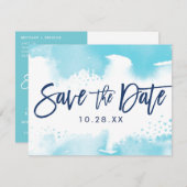 SPAAR DE DATUM ANSICHTKAART moderne aqua blauwe aq Save The Date (Voorkant / Achterkant)