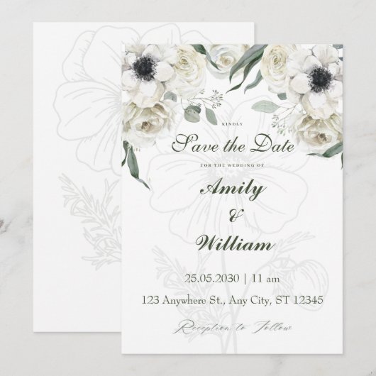 Spaar de Datum Kaart | Elegante Witte Bloemen (Voorkant / Achterkant)