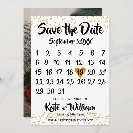 Spaar de datum kalender foto trouwkaart save the date (Voorkant / Achterkant)