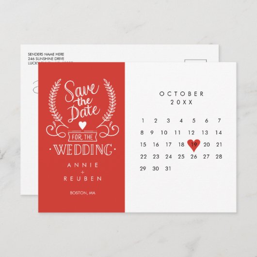 Spaar de datum kalender rood liefdeshart ansichtka aankondigingskaart (Voorkant / Achterkant)