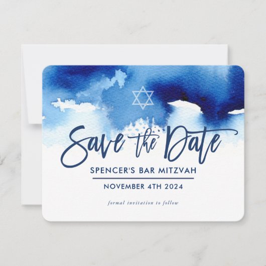 SPAAR DE DATUM MITZVAH modern donkerblauw aquarel Save The Date (Voorkant)