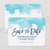 SPAAR DE DATUM MITZVAH moderne aqua blauwe aquarel Save The Date (Voorkant / Achterkant)