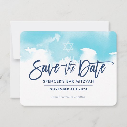SPAAR DE DATUM MITZVAH moderne aqua blauwe aquarel Save The Date (Voorkant)