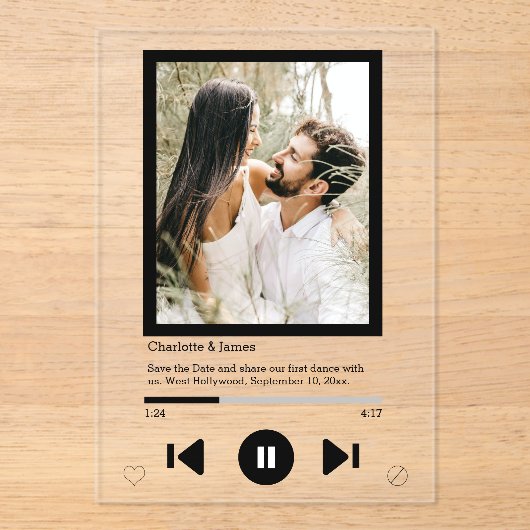 Spaar De Datum Muziekspeler Eerste Dans Foto Acryl Uitnodigingen (Voorkant)