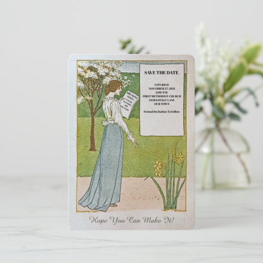 SPAAR DE DATUM/ONTBREKENDE NIEUWS/VROUW LEZEN KOPP SAVE THE DATE (Staand voorkant)