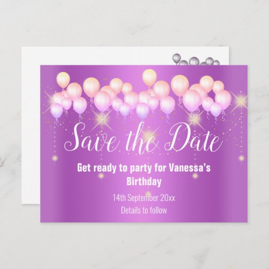 Spaar de Datum Roze Ballonnen Glans Alle Gelegenhe Aankondigingskaart (Voorkant / Achterkant)