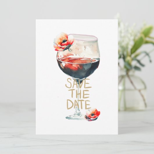 Spaar de datum wijnglas met rode klaprozen kaart (Staand voorkant)