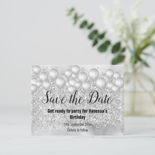 Spaar de Datum Zilveren Ballonnen Glitters Aankondigingskaart (Staand voorkant)