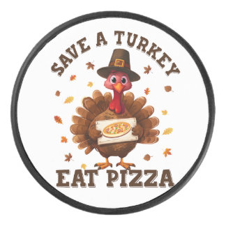 Spaar een kalkoen, eet pizza – Grappige Thanksgivi Hockey Puck