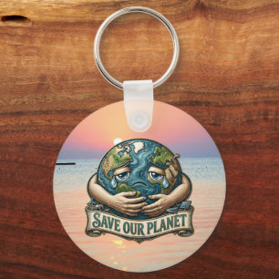 Spaar Onze Planeet Huilende Aarde Eco Bewustzijn Sleutelhanger