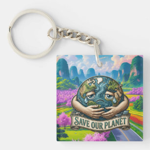 Spaar Onze Planeet Huilende Aarde Eco Bewustzijn Sleutelhanger