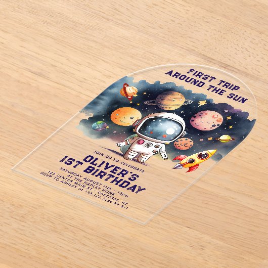 Space 1st Birthday Eerste reis rond de zon Acryl Uitnodigingen (Laagn)