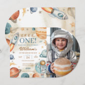 Space 1st Birthday Foto Kaart (Voorkant / Achterkant)