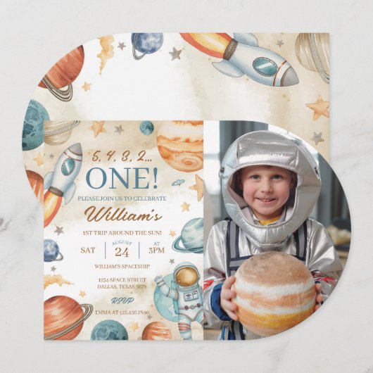 Space 1st Birthday Foto Kaart (Voorkant / Achterkant)