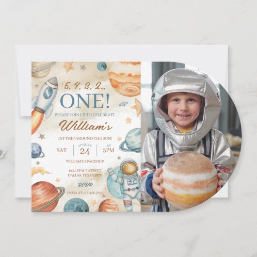 Space 1st Birthday Foto Kaart (Voorkant)