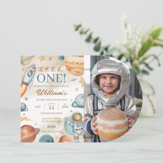 Space 1st Birthday Foto Kaart (Staand voorkant)