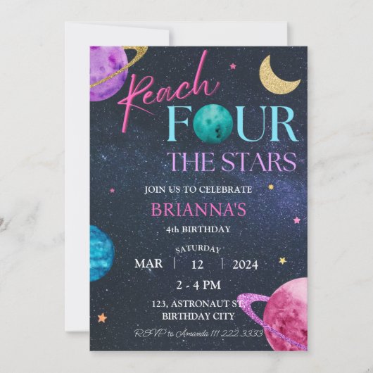 Space 4th Bereiken Vier sterren Verjaardags Meisje Kaart (Voorkant)